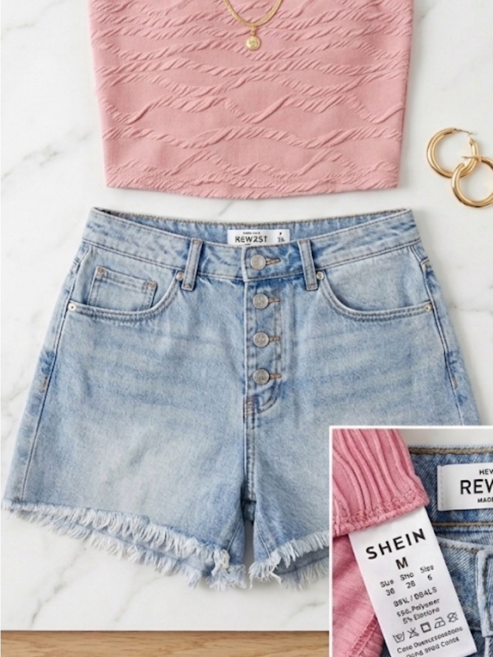 SHEIN Pink Crop Tank & Light Blue Button-Fly Denim Shorts Set